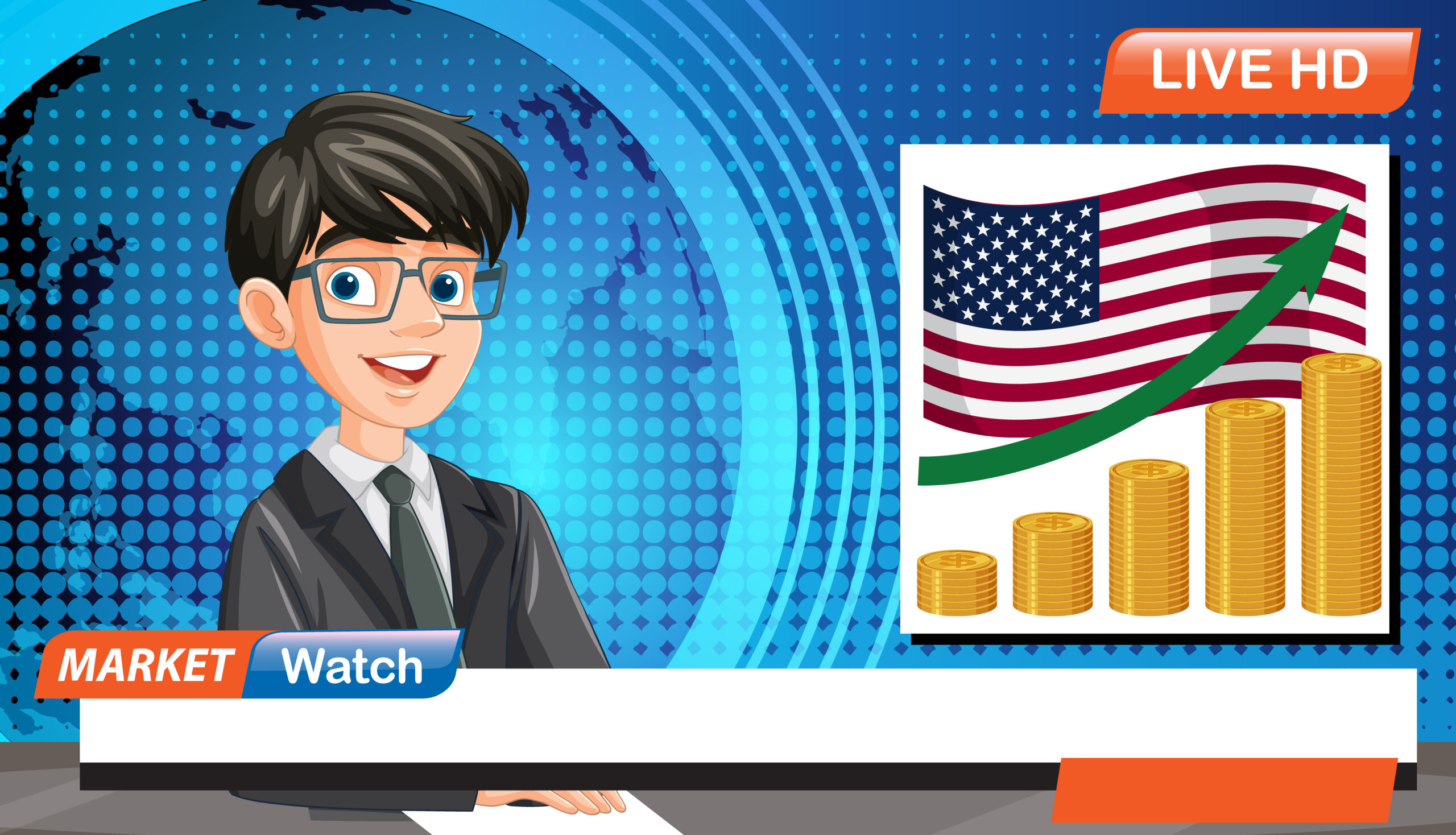 Vector illustration of a news anchor discussing economic growth with a U.S. flag and rising graph in the background
