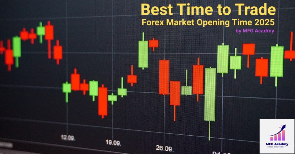 Forex trading candlestick chart showing best time to trade and forex market opening hours 2025 by MFG Academy.